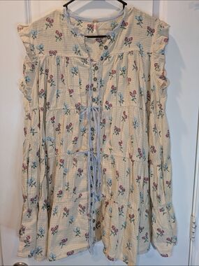 Free People Floral Babydoll Blouse Womens S, Boho Ruffle Tie Front Cottagecore